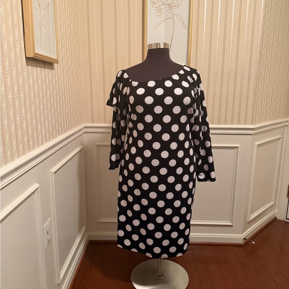Ashley Stewart Black and White Polka Dot Long Sleeve Shift Dress. New w/Tags!!
